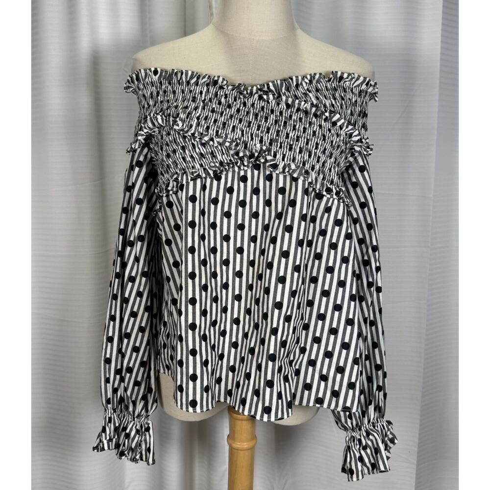 Anna October Smocked Off Shoulder Top Blouse Polka Dot Long Sleeve Women Size S